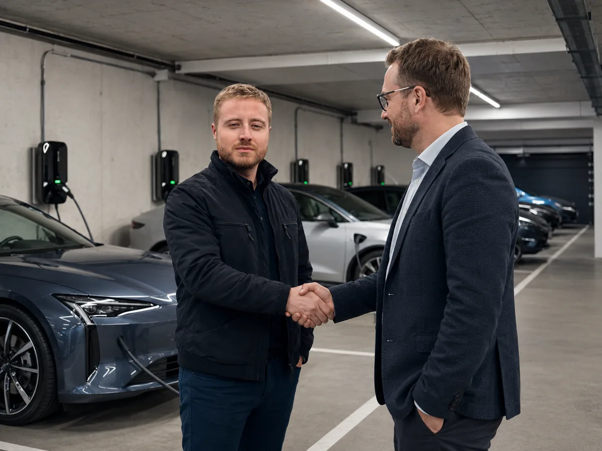 Engenheiro fechando parceria com representante de condomínio em garagem com carros elétricos carregando